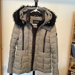 GUESS Women's Charcoal Puffer Jacket with Black Faux Fur Hood